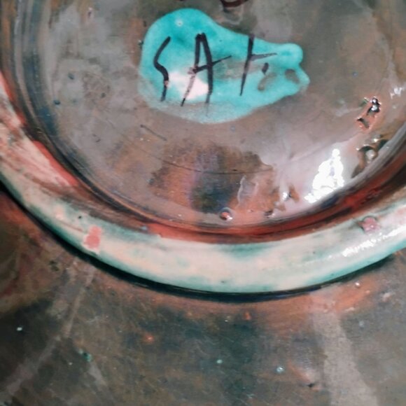 Vintage Moroccan Art Pottery, Green Teal, signed SAFi, Handled Dish, Handcrafted - Picture 4 of 8